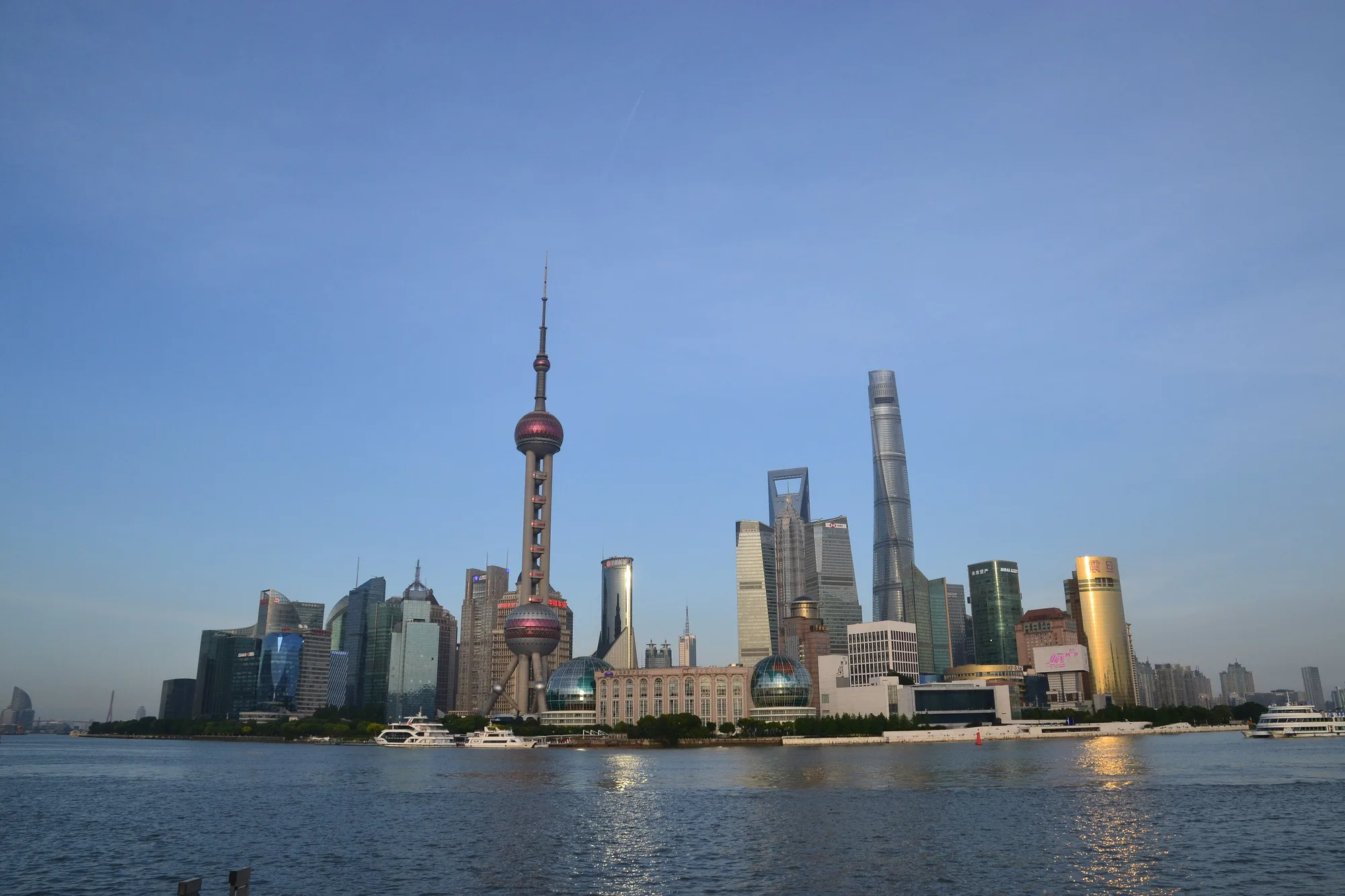 The Lujiazui skyline in Pudong, Shanghai, viewed across the Huangpu River.